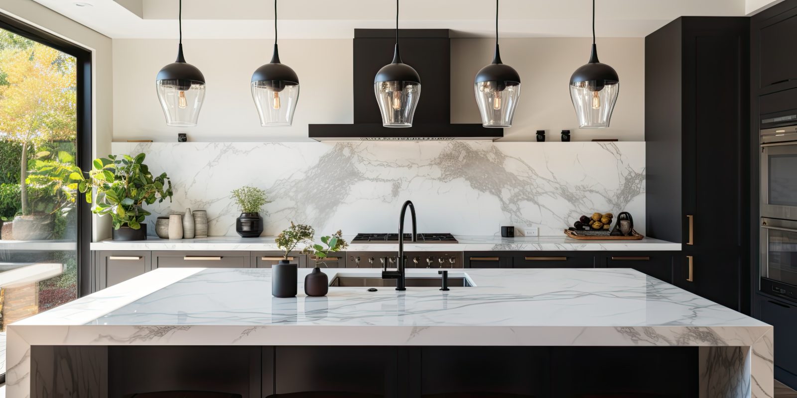 Modern kitchen with marble countertops, black pendant lights, and stainless steel appliances