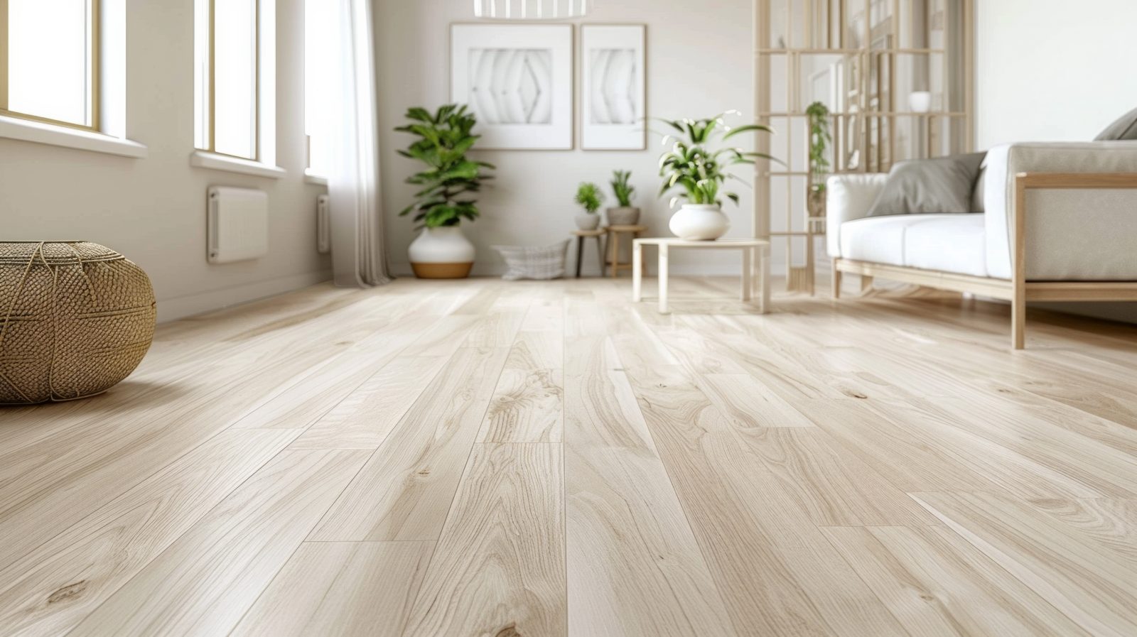 Light wood flooring in modern bedroom with white walls, plants, and wooden furniture