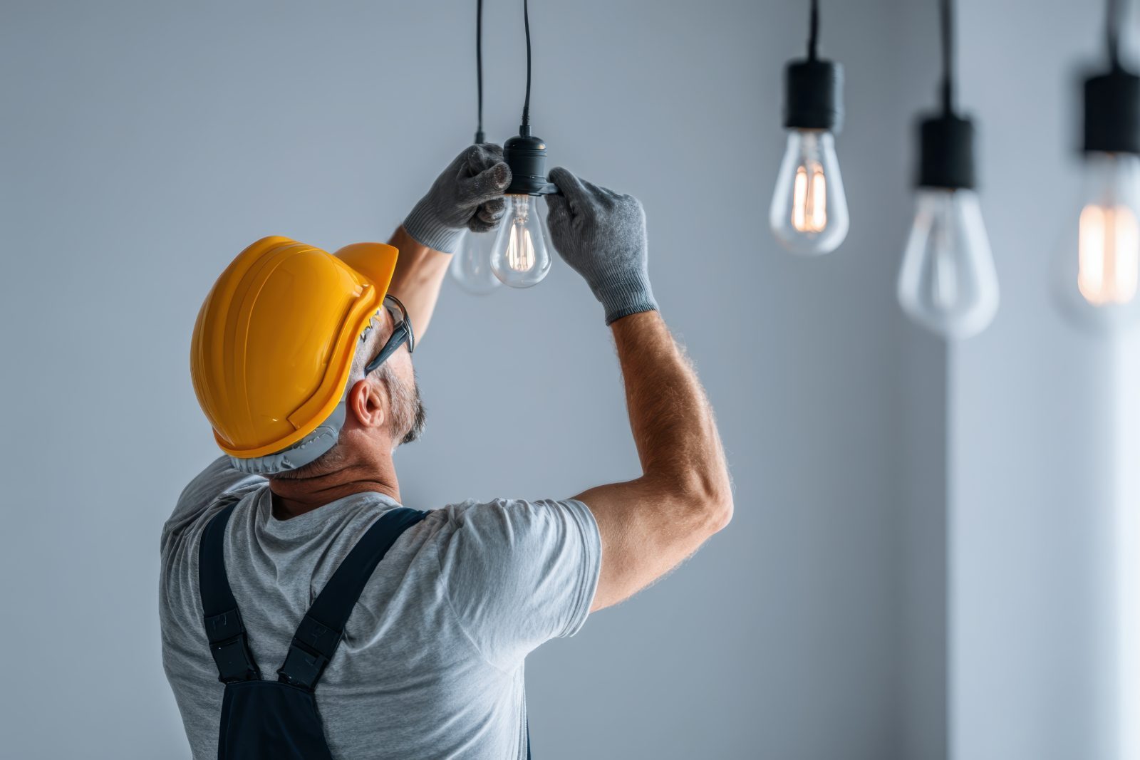 Construction worker installing pendant light fixture wearing hard hat and gloves