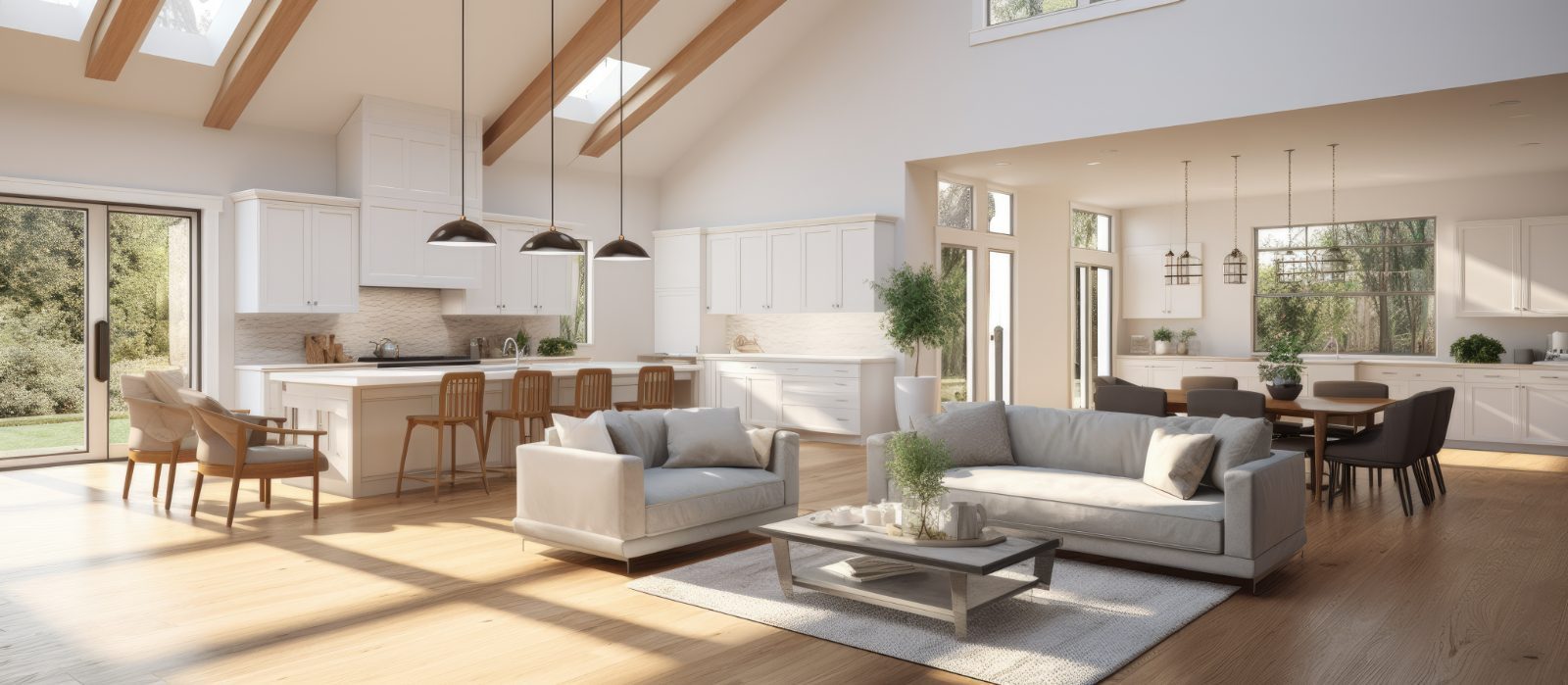 Modern open-concept home interior with white kitchen, gray sofas, wooden beams, and natural light from skylights